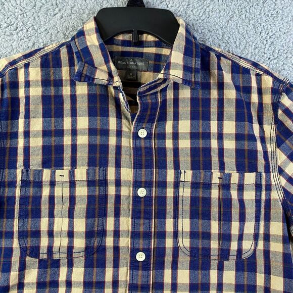 L.L. Bean Signature Men’s Button UP Medium Long Sleeve Shirt Plaid Black/Yellow - Picture 4 of 12